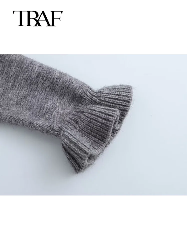 TRAF женский серый вязаный кардиган с рюшами верхняя одежда новый осенний свитер