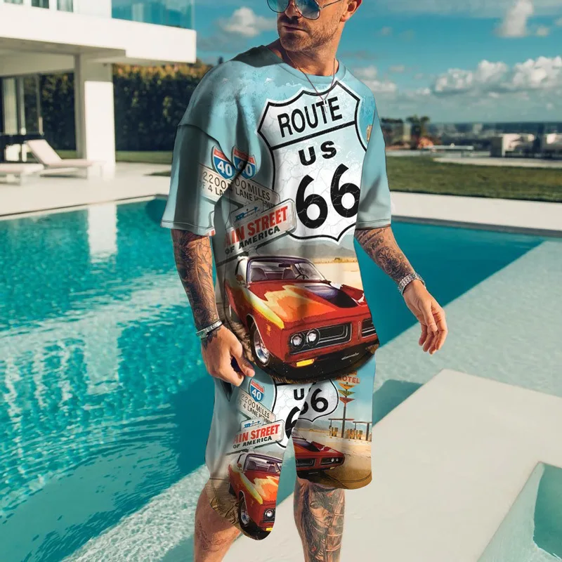 Route 66 USA Printed Men Suit Fashion T-shirt + Shorts 2-piece Set Loose Beach Casual Men Suit Summer Sports Clothing Oversized