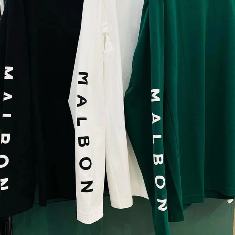 Malbon Spring Summer Casual Golf Crew Neck T-shirt Men's Fast Dry Air Permeability Black/White Slim Fit Sports Men Long Sleeve