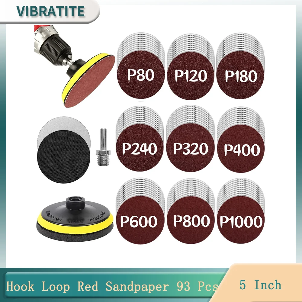 Набор из 5-дюймовой Красной наждачной бумаги с крючком и петлей 93 шт. мягкие