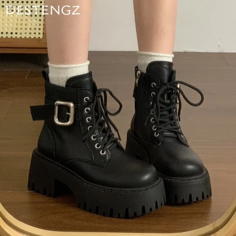 Женские ботильоны на высоком каблуке массивная кожаная обувь платформе женская