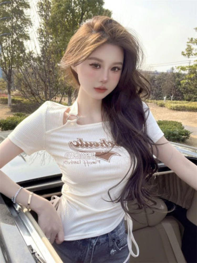 

New Y2k Aesthetic Fashion O Neck Crop Top Sletter Print Short Sleeve T-shirts Grunge Irregular Slim Drawstring Tee Shirts Summer
