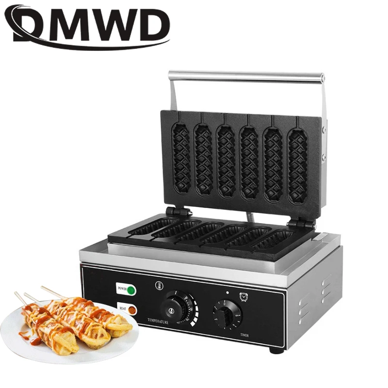 DMWD Electric Waffle Sausage Machine Commercial Crispy French Hot Dog Lolly Stick Frying Pan Hot Dog Corn Baking Grill 6 Grids