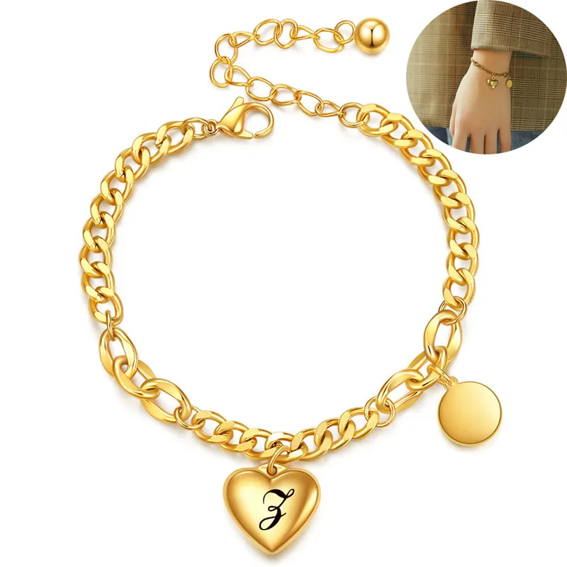 

Classic Love Heart Titanium Steel 26 Letter Bracelet Women's Fashion 18K Gold Plated Personality Name Initial Jewelry Gifts