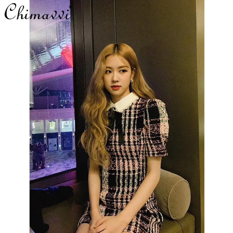 

French Hepburn Style Doll Collar Bow Woolen Plaid Dress for Women 2023 Spring Dresses New High Waist Slimming Elegant Dresses
