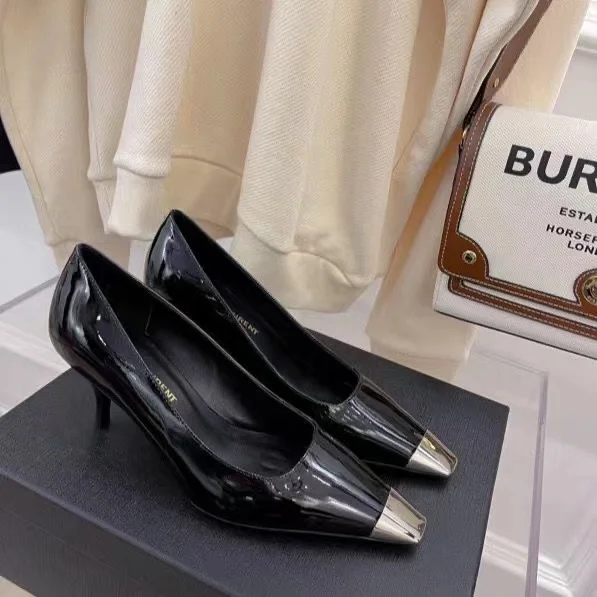 

Туфли-лодочки женские из лакированной кожи, металлический квадратный носок, высокий каблук, обувь для офиса, весна-лето