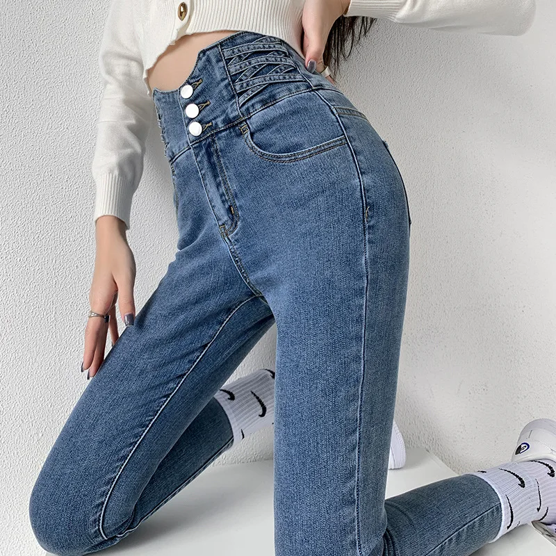 Gasparine Skinny Pencil Jeans Women Vintage High Waist Women Slim Stretch Denim Trousers Four Buttons Design 2023 Spring New