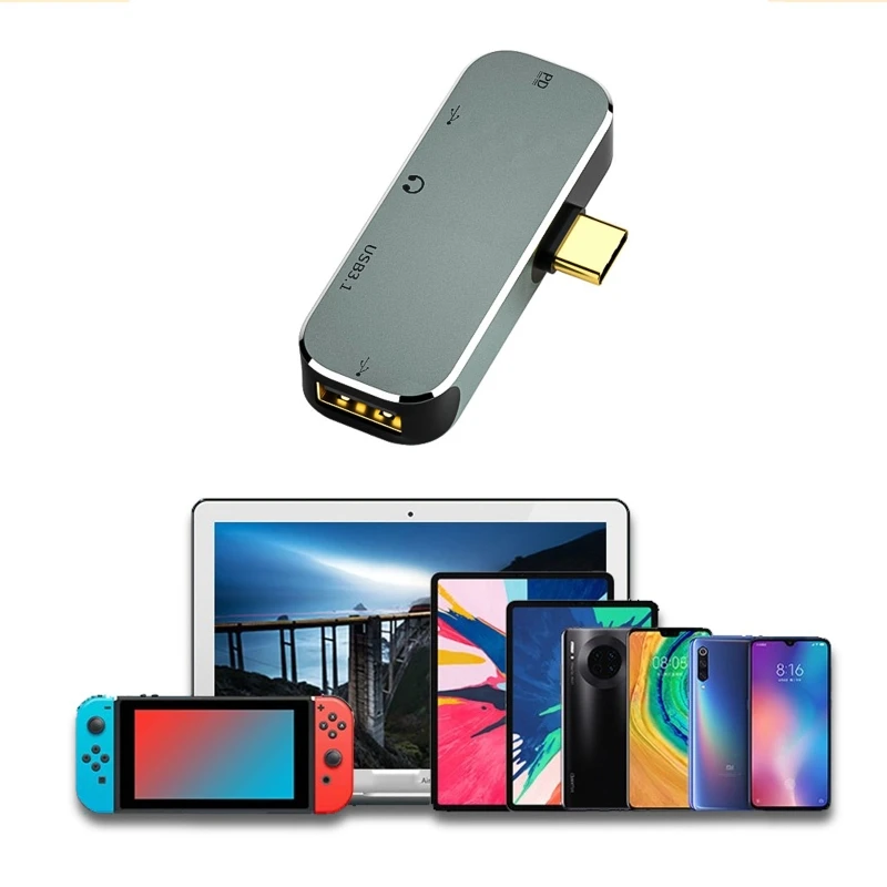 

5 Port 1xUSB 3.1 Hub Splitter 1xUSB Hub 2.0 1x 3.5mm Jack 2xType C Charging Support for Mobile Phone Laptop Adapter