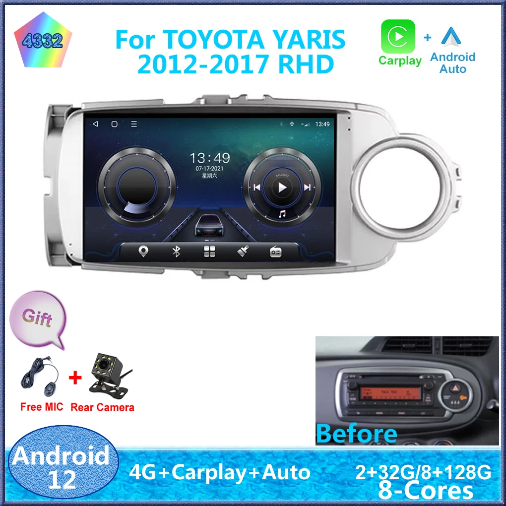 

Автомагнитола 9 дюймов для TOYOTA YARIS 2012-2017 RHD Android 12 Carplay Auto 4G Sim Wi-Fi DSP RDS автомобильный радиоприемник стерео Мультимедийный видеоплеер GPS