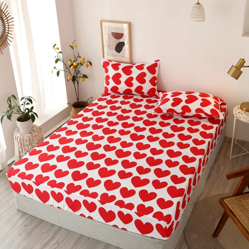 

Love Print Fitted Sheet Cover Anti-Wrinkle Four Corners Elastic Bed Sheets Single Double Queen Size Mattresses Bedspread