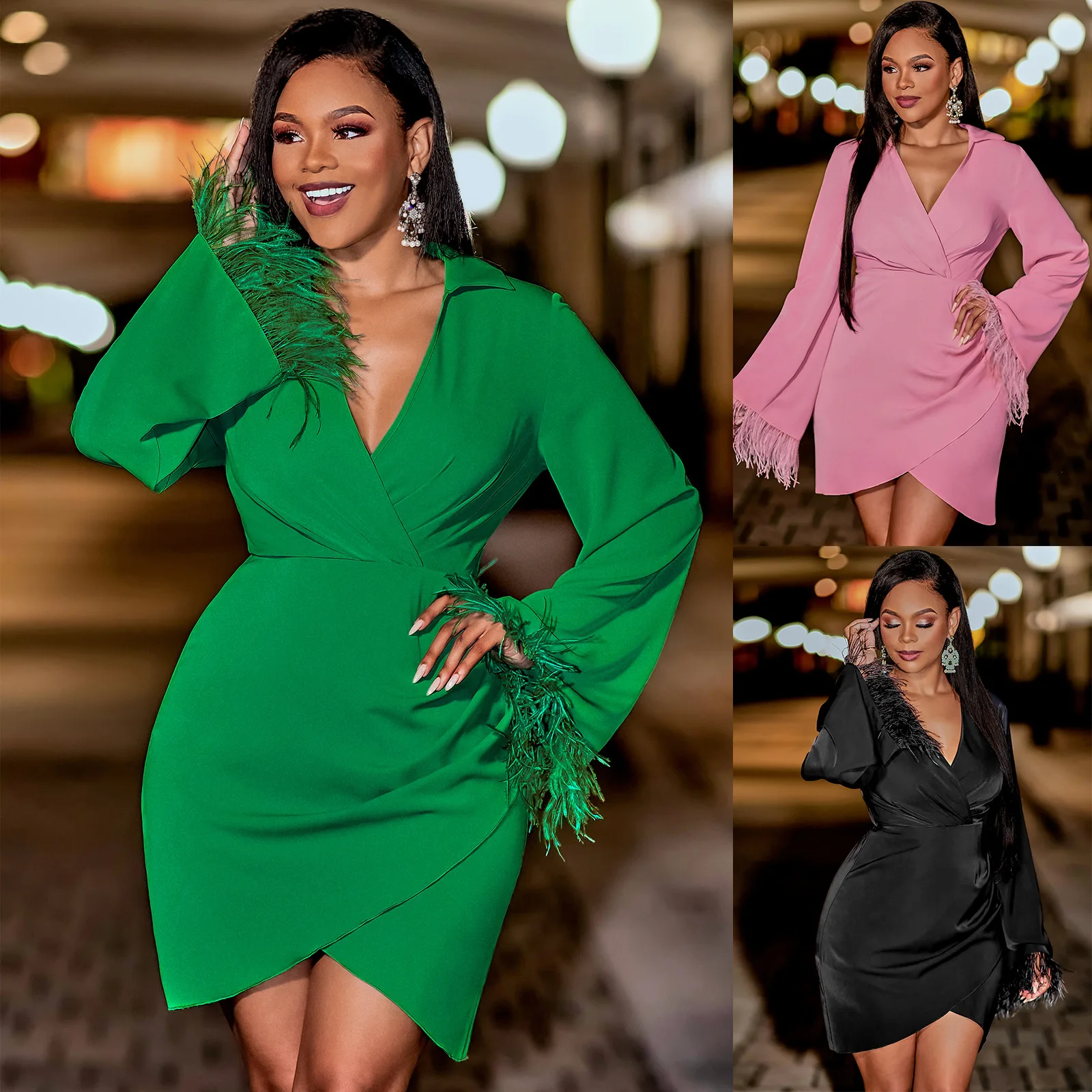 

Autumn Women Satin Feather Decoration Lace-up Sexy Mini Dress Female Spring Fashion Chic High Street Pleated Irregular Hem Dress