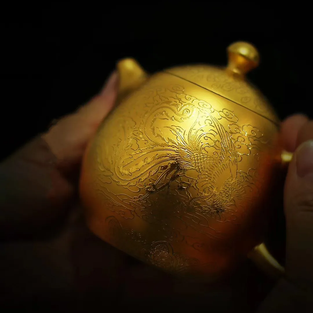 

|pure gold gilded dragon egg Xishi teapot Yixing raw ore sinking carved dragon and Phoenix all manual purple sand pot