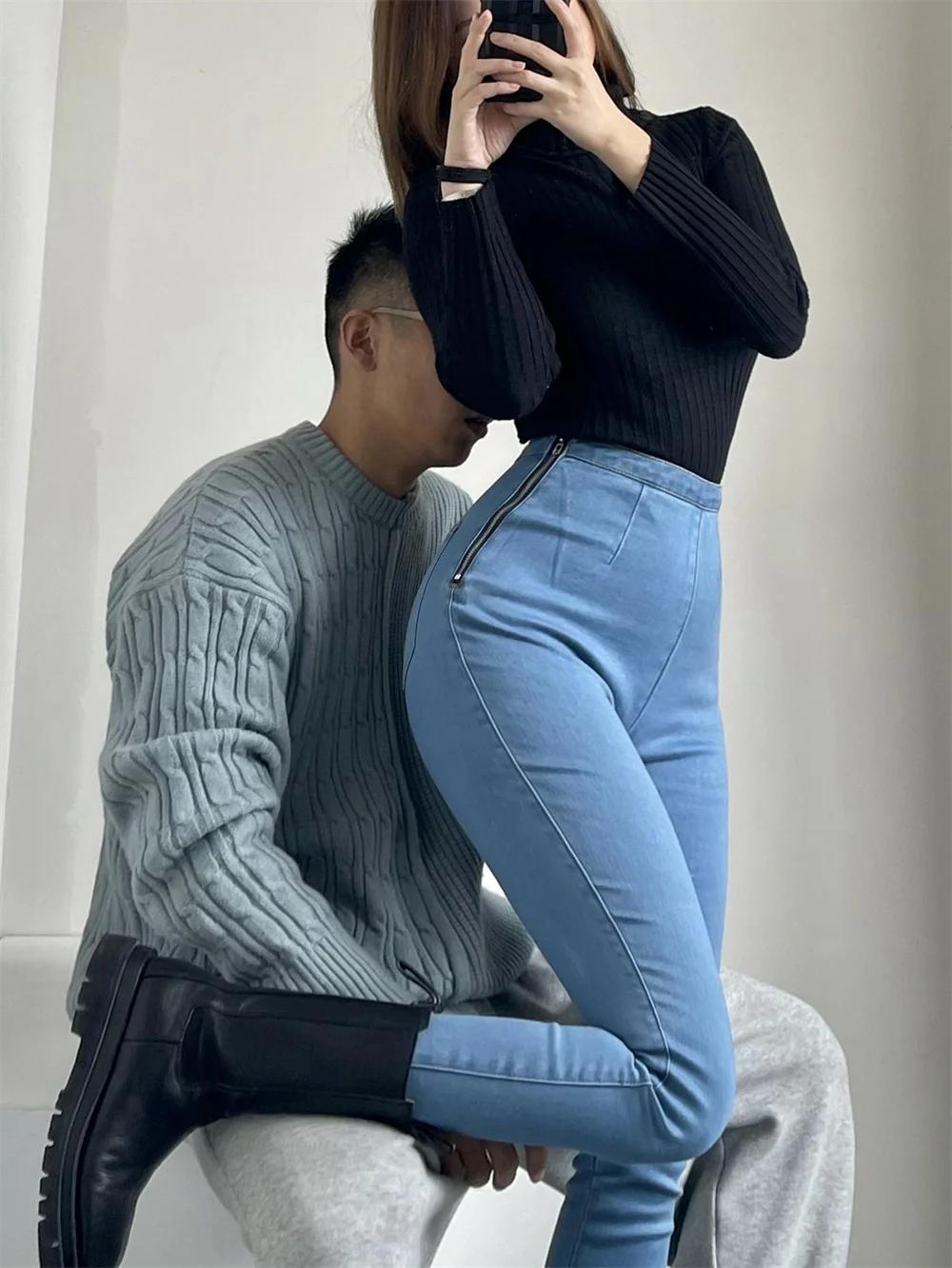New Sweet 2022 Korean Style High Elastic Side Zipper Design Denim Pencil Pants High Waist Tight Trend Women's Clothing E8Q1