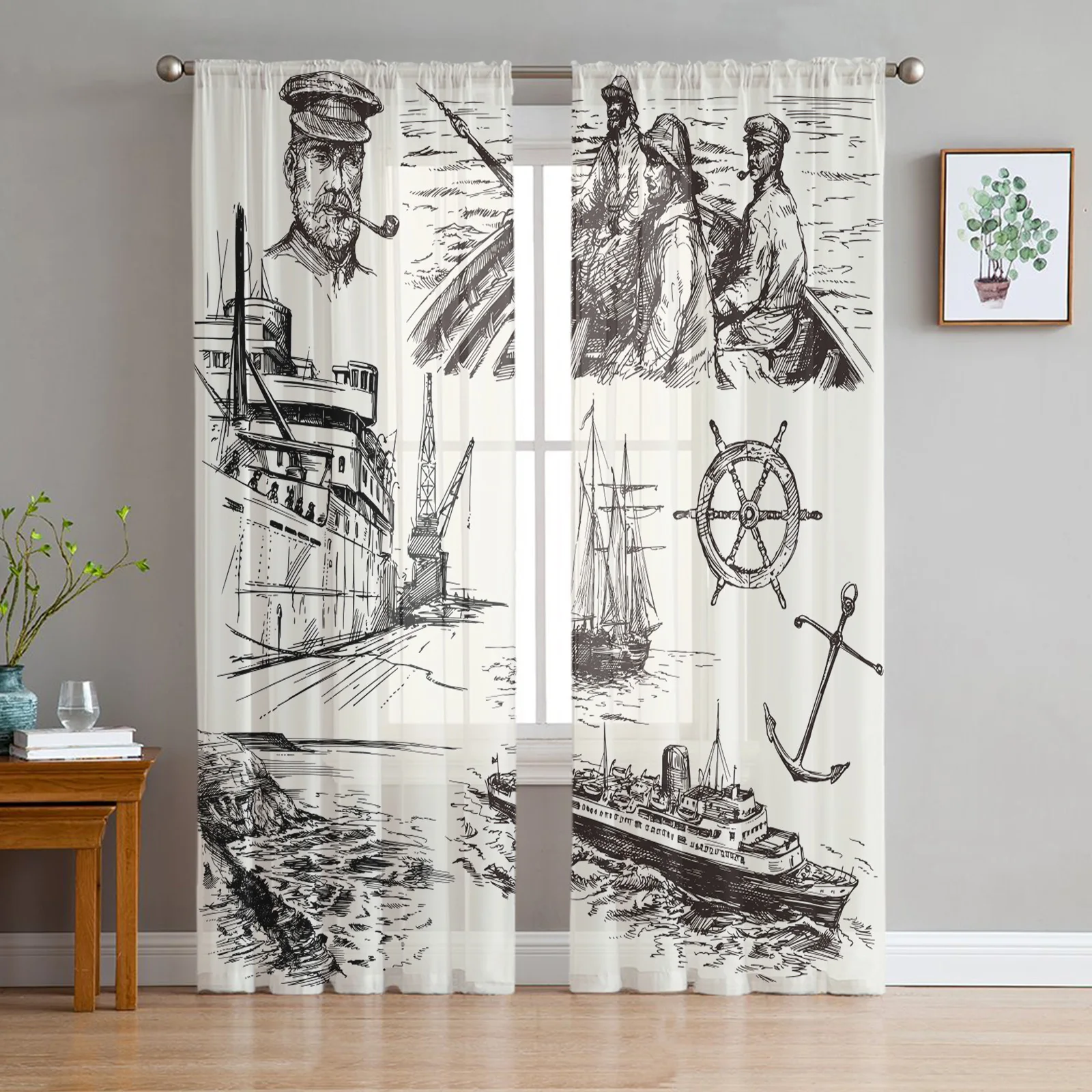 

Ship Simple Nautical Sheer Curtain for Living Room Voile for Window Blinds Bedroom Tulle Drape Kitchen Cortinas Hall Curtains