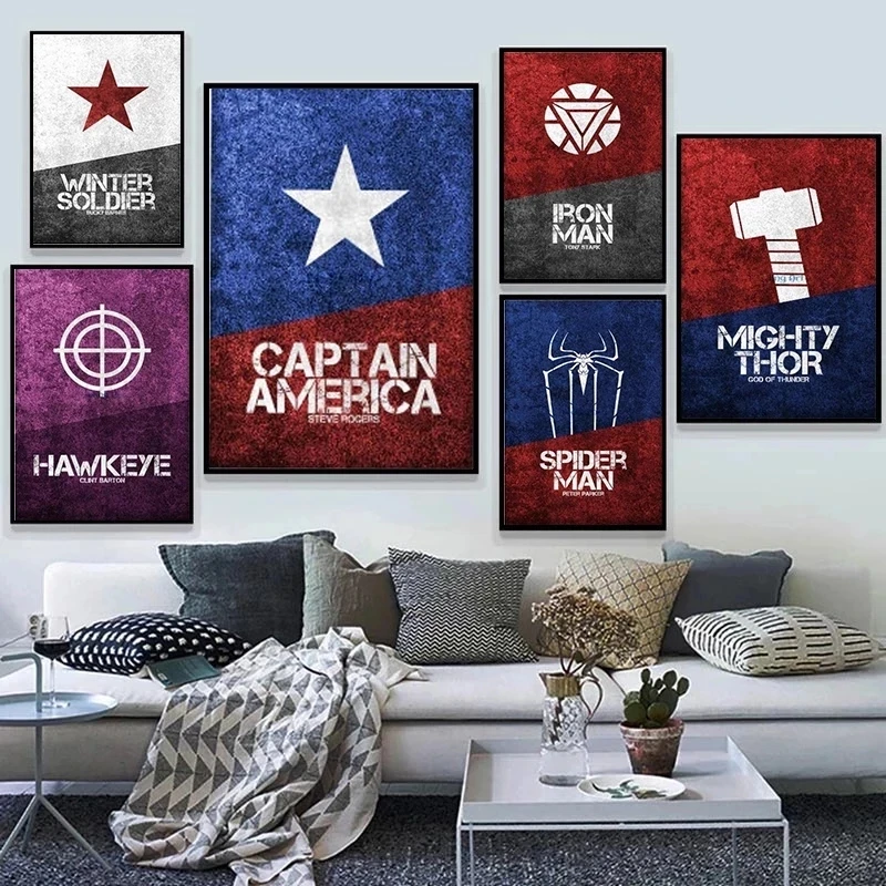 

Disney Marvel Spider Man Captain America Soldier Wall Art White Kraft Paper Posters and Prints Wall Picture For Home Decoration
