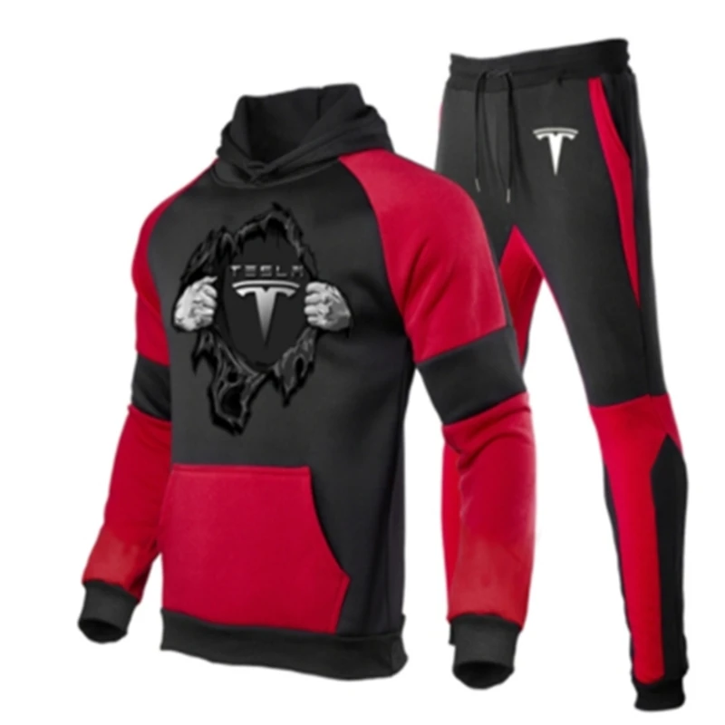 

Новинка, весенне-осенняя Толстая спортивная одежда из двух частей с логотипом Tesla, мужская и женская спортивная одежда с капюшоном, повседне...