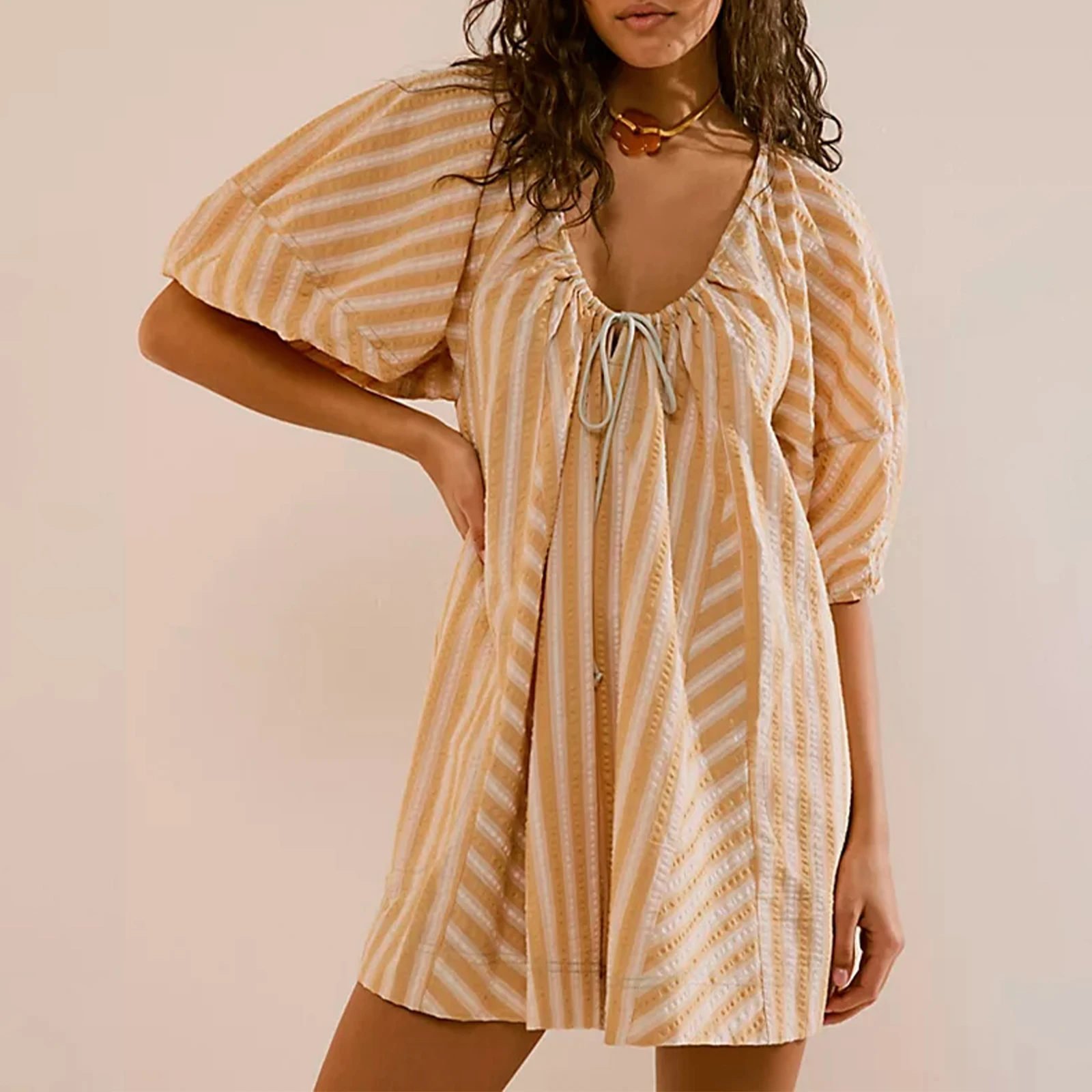 Женский винтажный полосатый комбинезон y2k короткий с пышными короткими рукавами