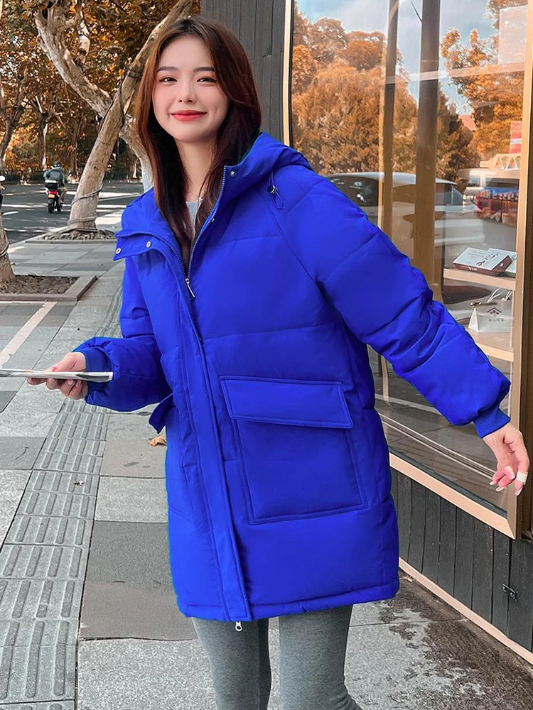 Autumn Winter Thicken Warm Medium Long Chic Parka Women Casual Sweety Solid Color Big Pocket Loose Hooded Coat Jackets Outwear