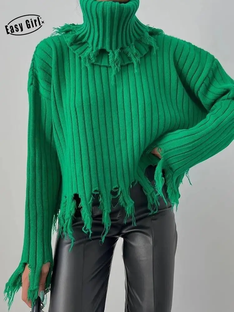 

Женский свитер с дырками и кисточками, водолазка с имитацией воротника и съемным воротником, женские пуловеры, Осень-зима 2022, повседневные ж...