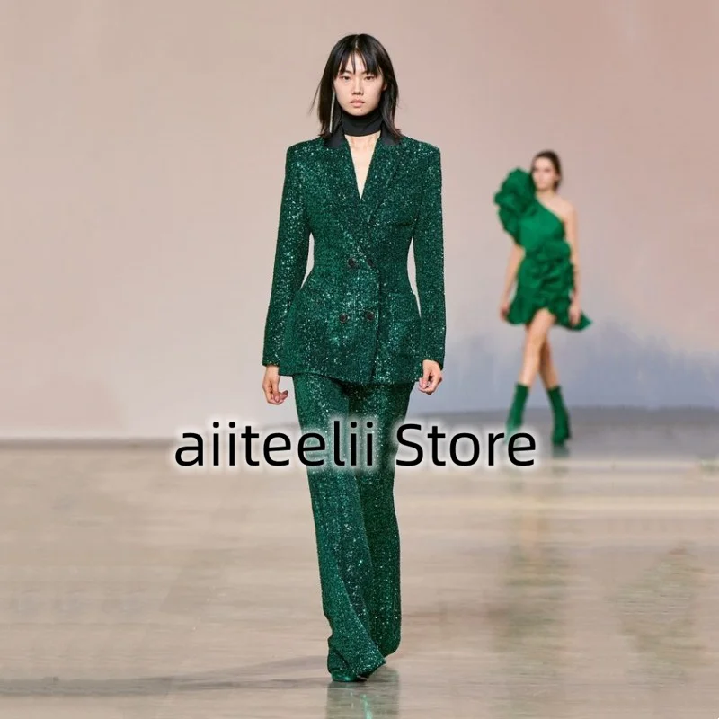 Women's Suit 2 Piece Set Sexy Sequins Retro Spike Lapel Fashion Slim Double Breasted Floor Length Trousers For Casual Party 2023