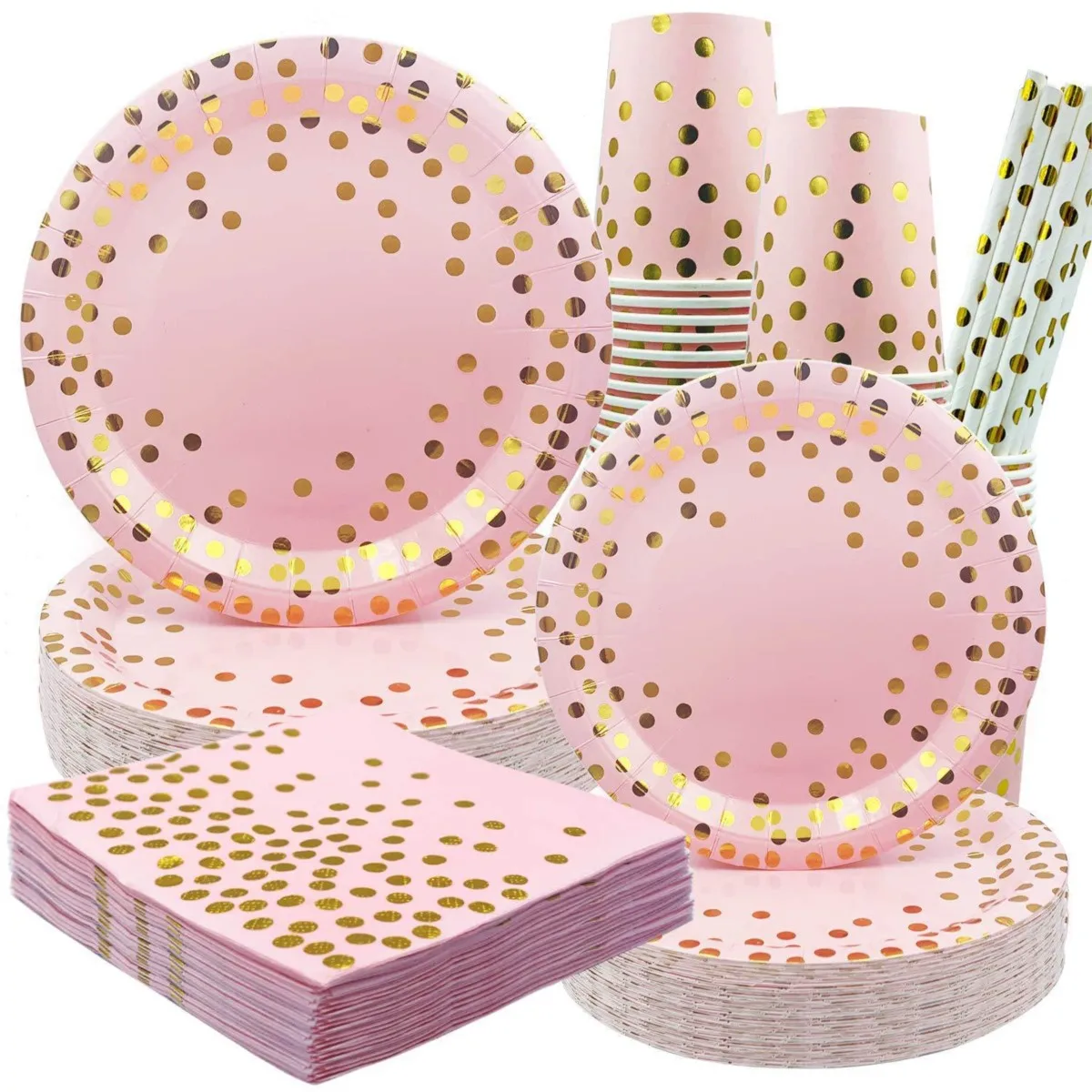 

Nordic Party Tableware Pink Gold Foil Dots Party Supplies Parties Dinnerware Set, Wedding Paper Cups Plates Napkins Cutlery
