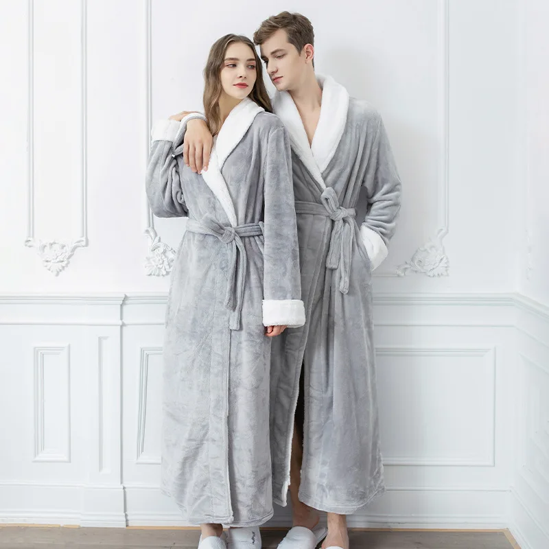 

Solid Autumn Winter Long Couple's Dressing Gown Warm Flannel Bath Belt Robes Night Sleepwear Women Men