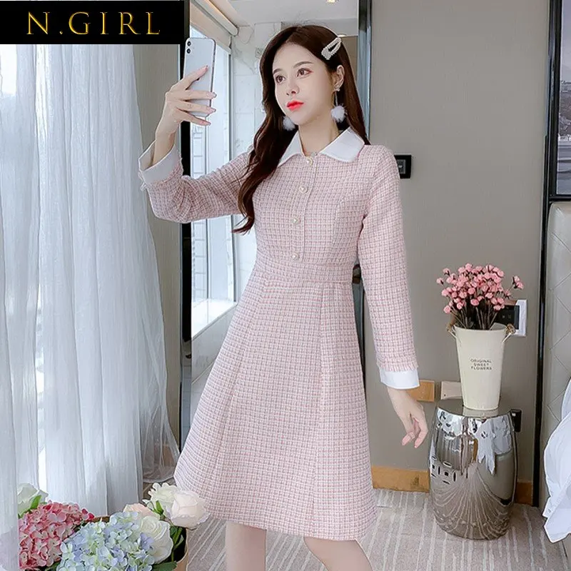 

Женское шерстяное платье в стиле пэчворк, элегантное подиумное платье из твида с розовыми жемчужными пуговицами, корейский стиль, осень