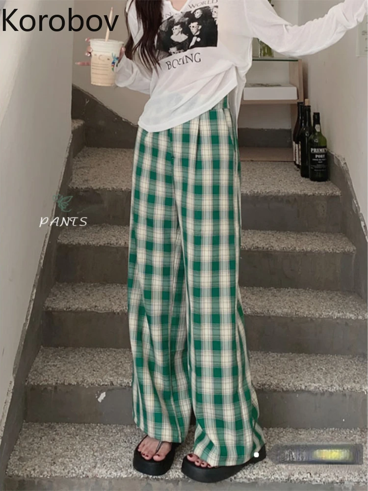 

Korobov Summer New High Waist Thin Wide Leg Pants Vintage Lattice Leisure Pant Women Korean Style Fashion Pantalones De Mujer