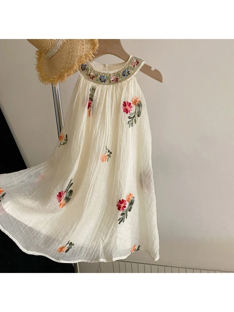 Платье для девочек новинка юбка без рукавов с вышивкой и воротником хомутиком