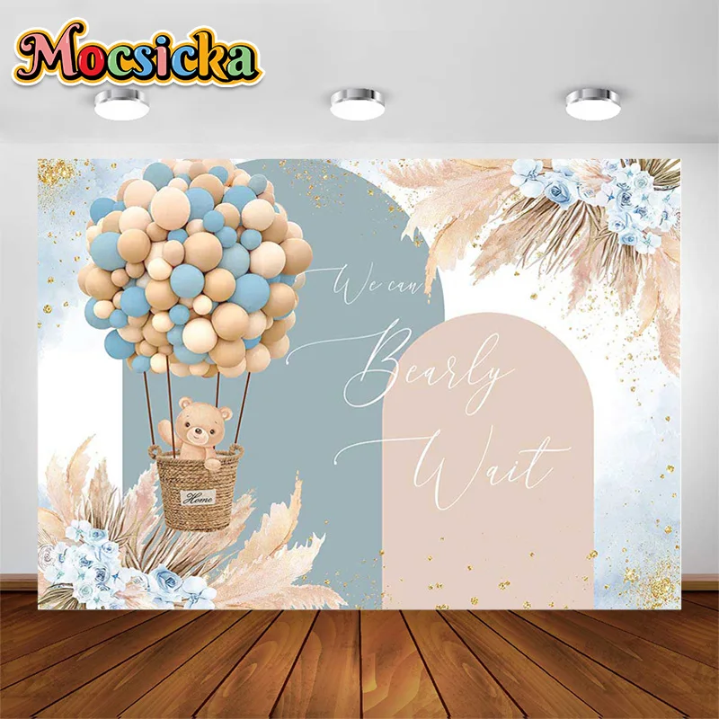 

MOCSICKA Arch Kids Birthday Party Background Hot Air Balloon Toy Bear Flowers Gold Glitter Decor Newborn Photography Studio