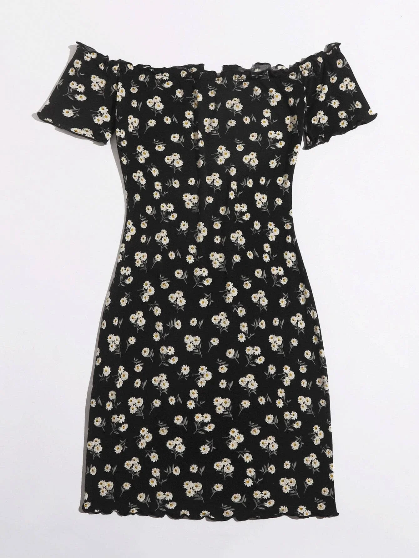 

Off Shoulder Lettuce Trim Floral Dress