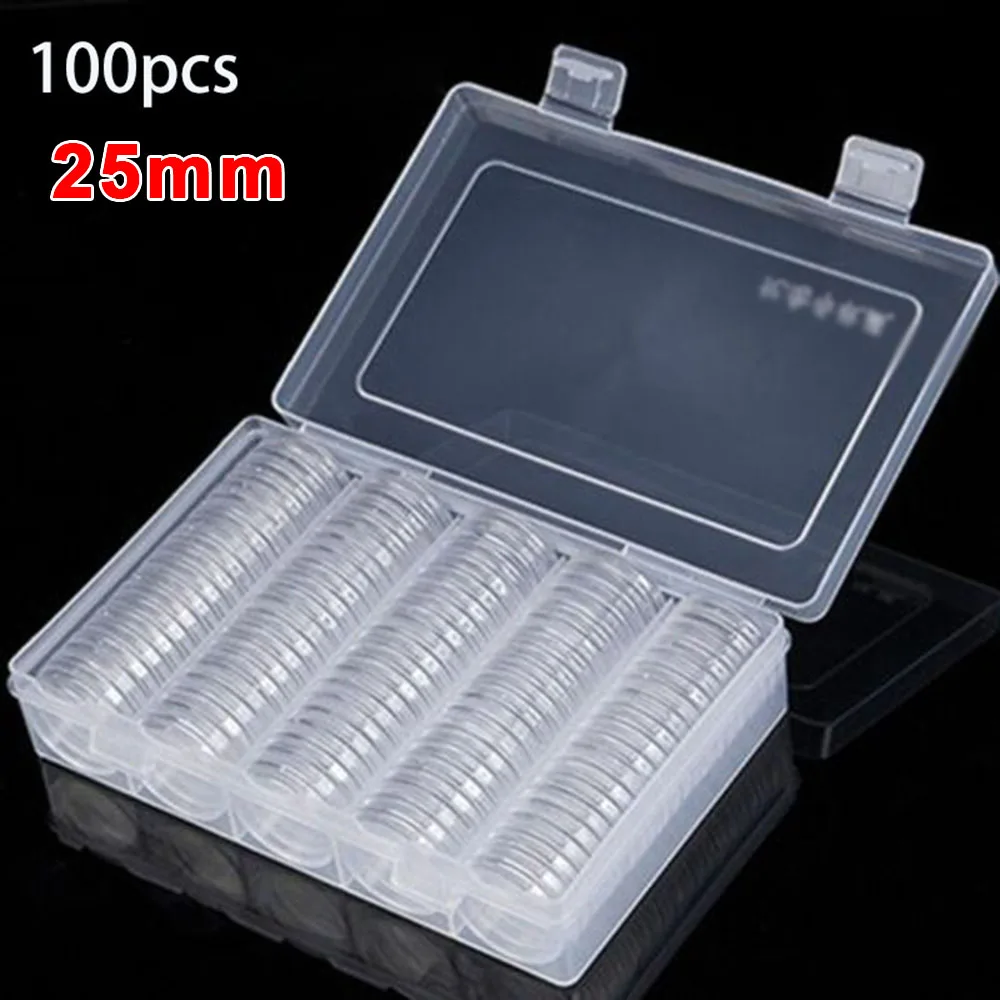 100PCS 25mm Coin Capsules With Storage Box Transparent Round Coin Capsules Coin Collection Holder Containers Home Supplies