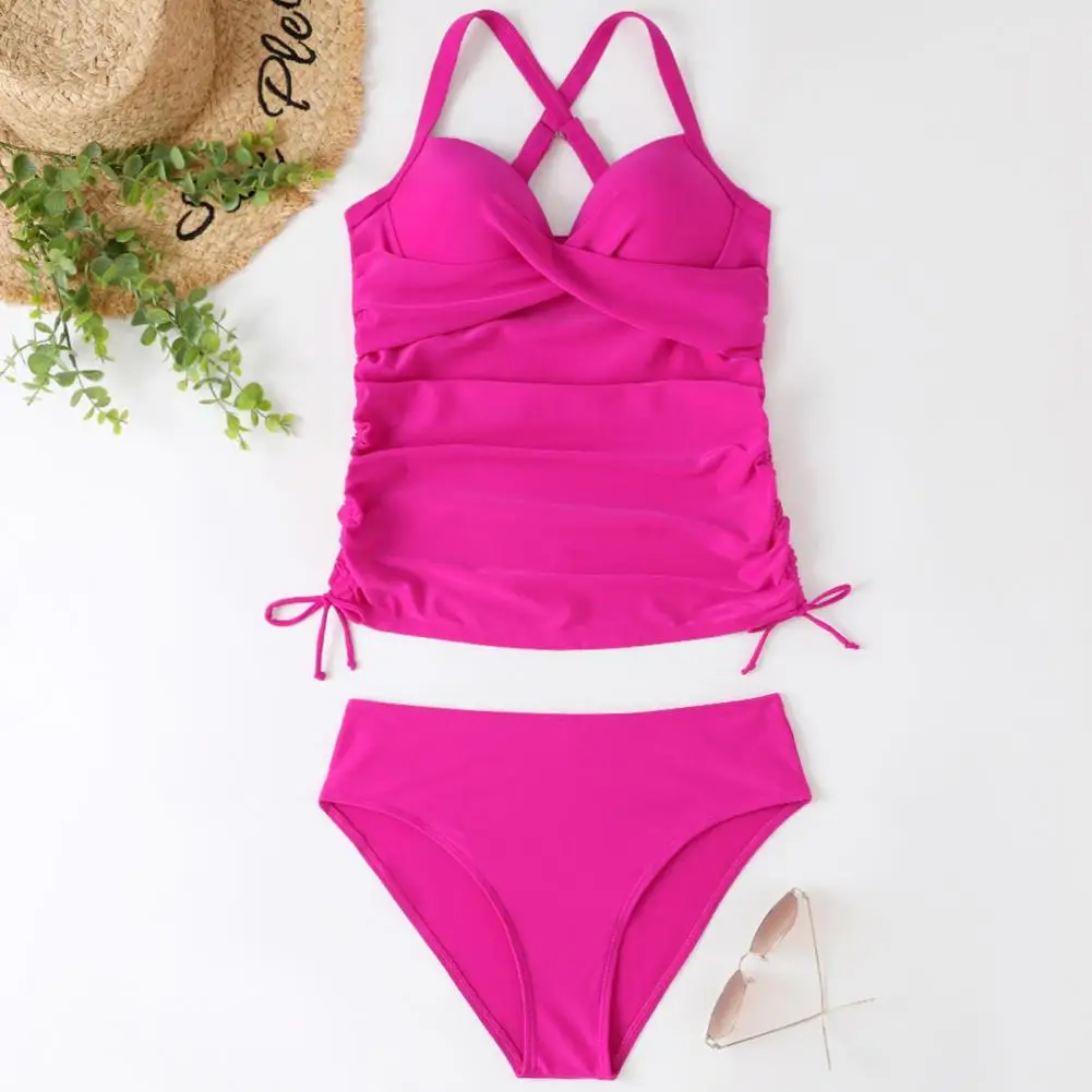

1 Set Women's Swimsuit Suit Front Cross Split Swimsuit Side Pleats Women Swimsuit