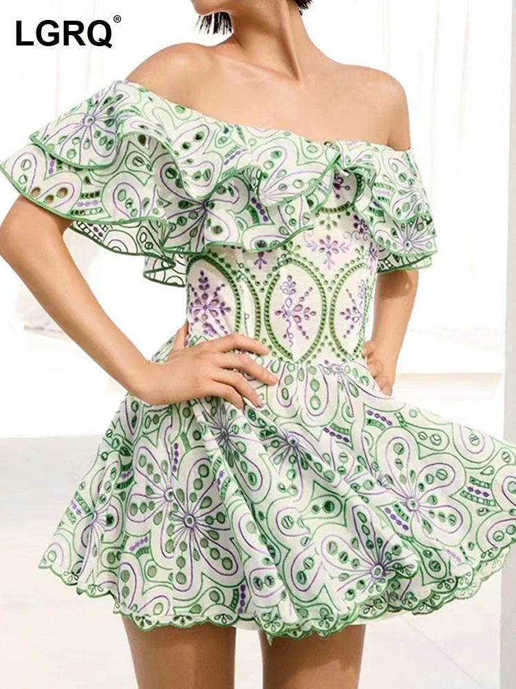 

LGRQ Slash Neck Slim Dresses Female Square Collar Short Sleeeve High Waist Hollow Out Spliced Ruffles Mini Dress Women 19J4347