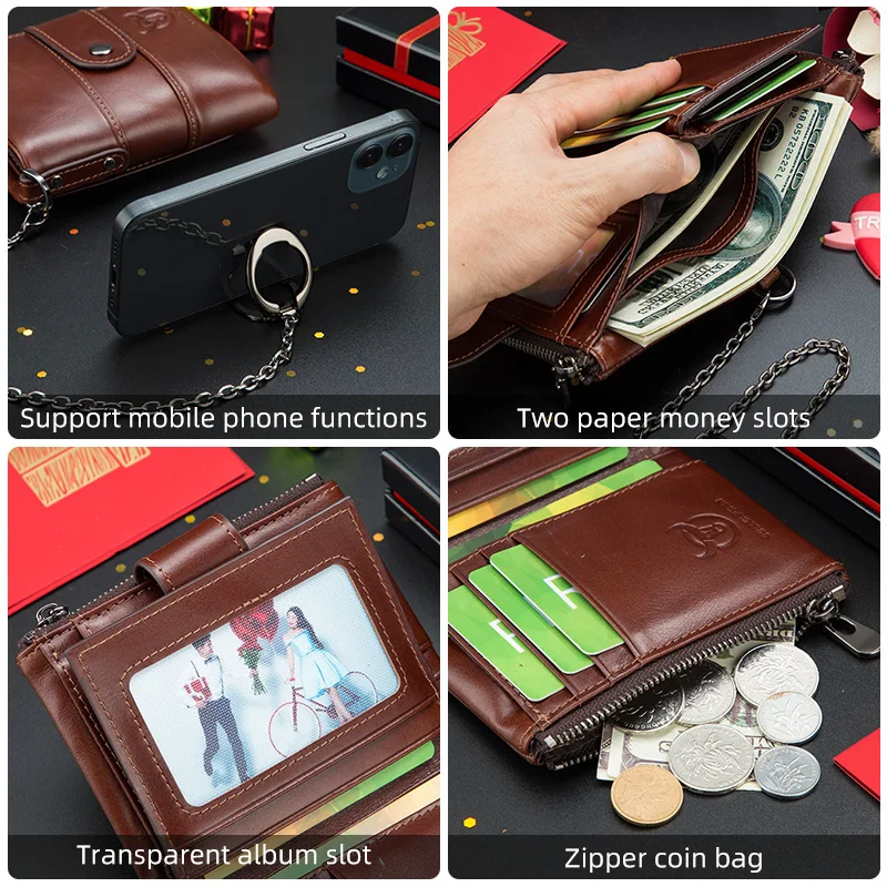 BULLCAPTAIN Leather Wallet Retro Classic Vertical Multi-Card Multi-Function Anti-Theft Brush Zipper Coin Purse