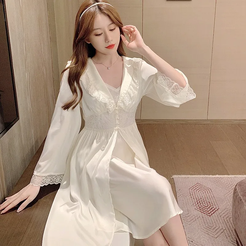 Summer New French Satin Women's Robe Set Sexy Lace Sling Sleepwear Exquisite Bead Nightgown Long Bathrobes Female Home Wear