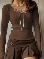 weiyao lace patchwork kawaii y2k woman tshirts 2022 autumn long sleeve slim ribbed basic vintage casual sweats tops brown