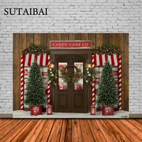 Candy Cane Shop Backdrop Christmas Photography Background Kids Portrait Rustic Wooden Board Door Display Window Gifts Xmas Decor
