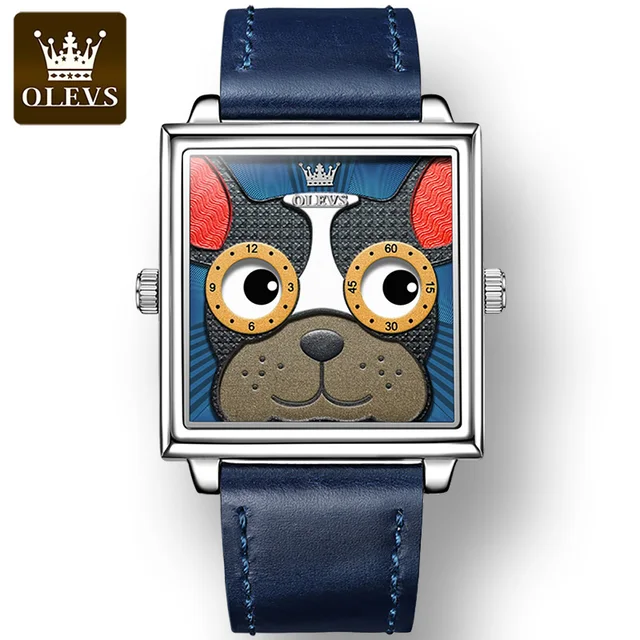 OLEVS Trendy Japanese Movement Corium Strap Watch for Men Women Quartz Waterproof Fashion Wristwatch Cartoon Dog Watches 1