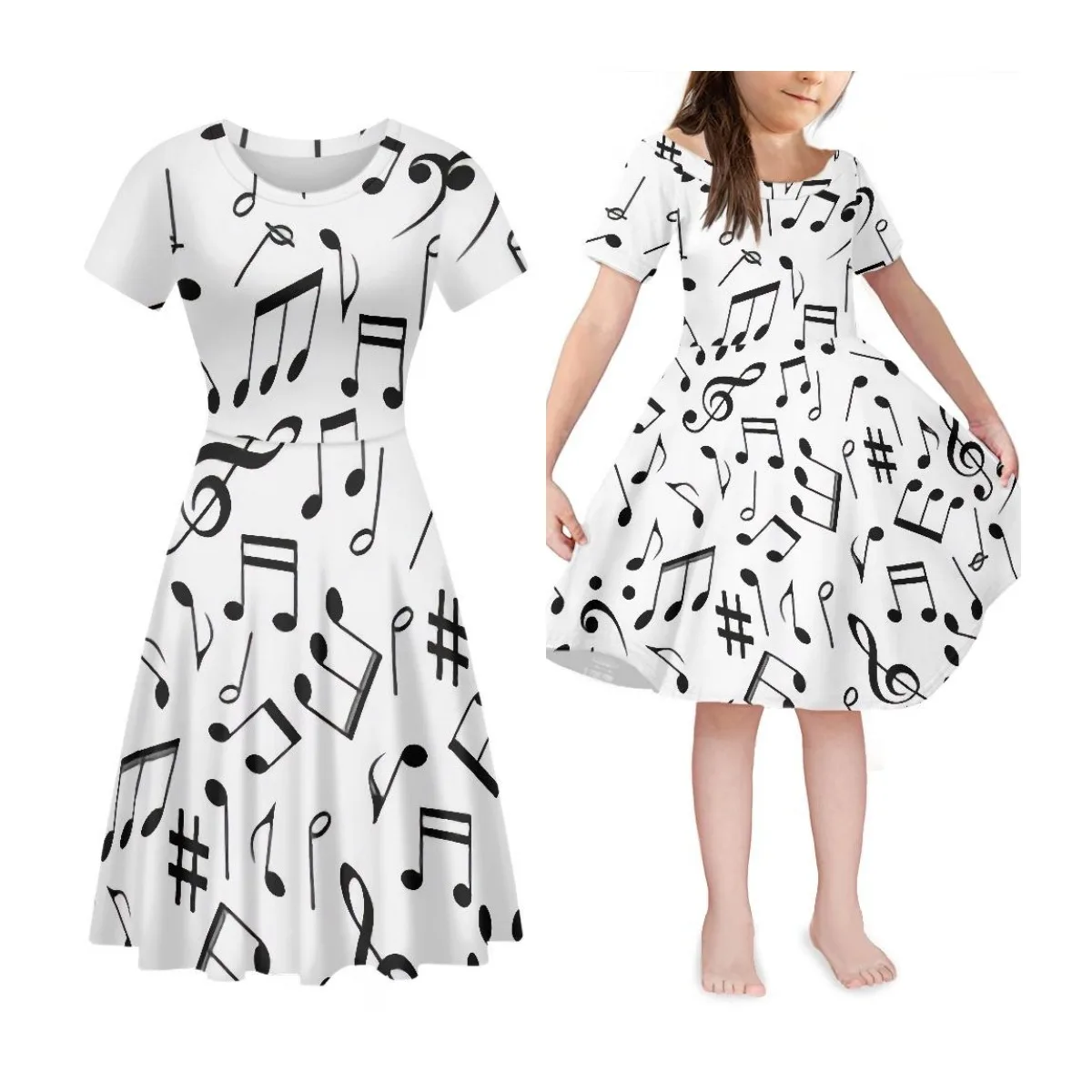 

Noisydesigns Summer Women Party Dress Musical Note Print Mom And Daughter Casual Short Dress Family Party Parent-child Outfits