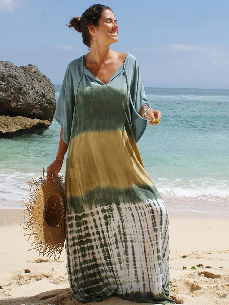 

Fitshinling Tie Dye Vintage Beachwear Dress Outfits Bohemian Oversize Women's Swimwear Outing Cover Up Swimwear Summer Pareo New