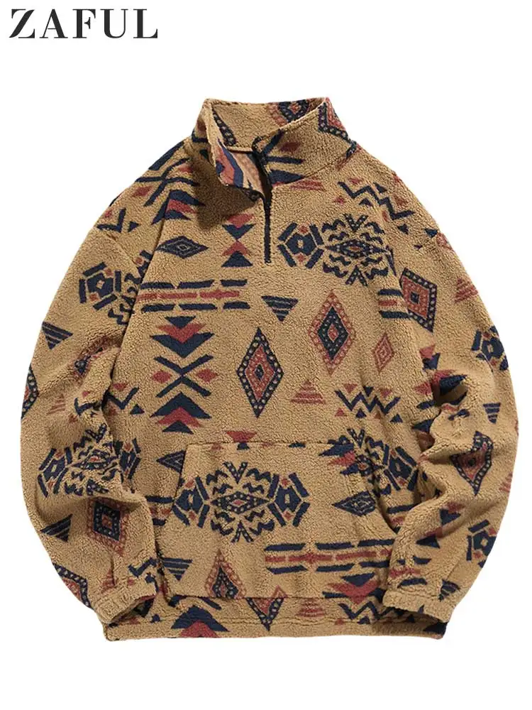 ZAFUL Hoodie for Men Fuzzy Faux Sherpa Zipper Sweatshirts Ethnic Print Fluffy Streetwear Pullover Fall Winter Turtleneck Hoodies