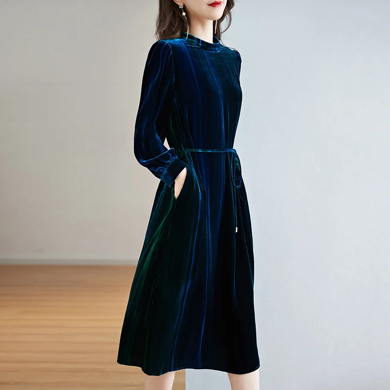 

Женское шелковое платье, шелковое бархатное платье, новая одежда для весны и осени 2023 года, благородный темперамент, элегантная женская мод...