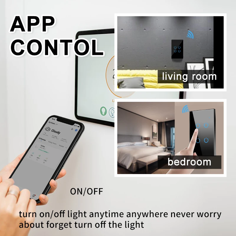 Фото Tuya Smart Life Wifi светильник, переключатель со стеклянной панелью, стандарт США, сенсорный сенсор, Настенные переключатели, голосовое управление Alexa Google Home №4