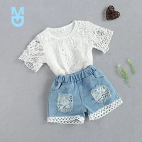 new 2pcs fashionable baby girls outfit summer breathable round collar short sleeve hollow lace romper ripped denim shorts set