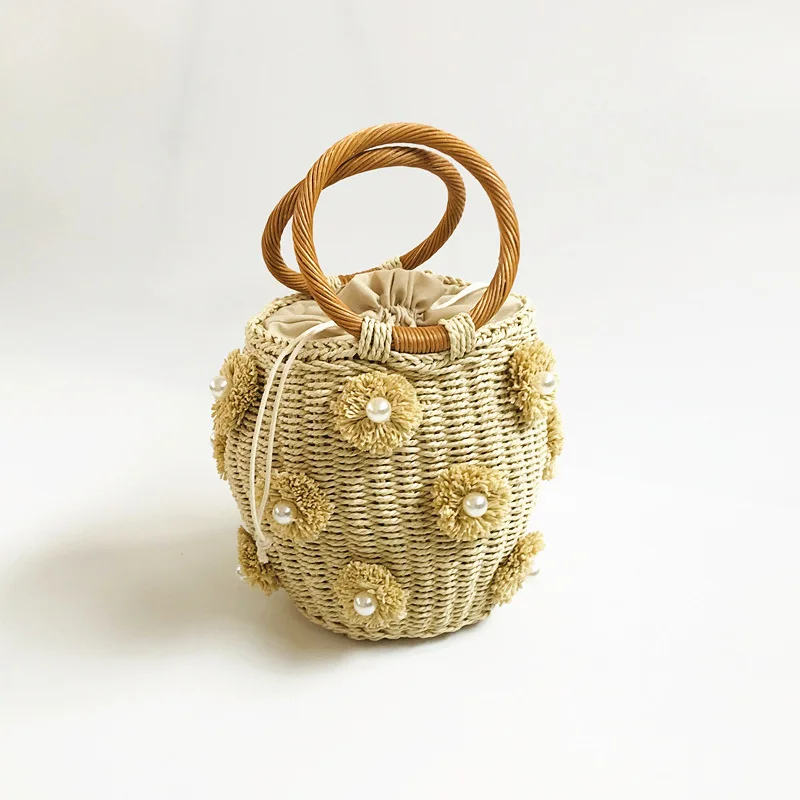 Aesthetic Rattan Bags With Artificial Pearl Decoration Women Bag Woven Straw Bag Portable Mini Basket Bag Eco bag Beach Handbag