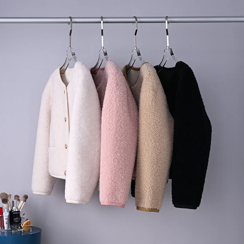 2023 Women Winter Fashion Genuine Wool Fur Jackets Female Short Sheep Shearing Coats Ladies O-neck Real Fur Overcoats R363