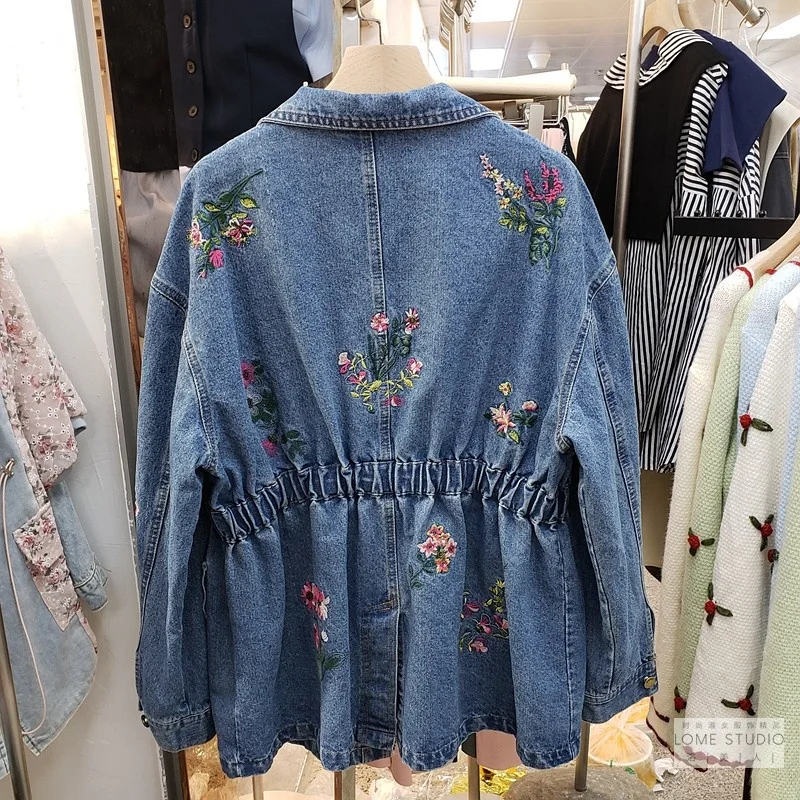 

Fashion Autumn Elastic waist Embroidery Denim Women Dark blue Outerwear Loose Big Pocket Jeans Jacket Female Streetwear