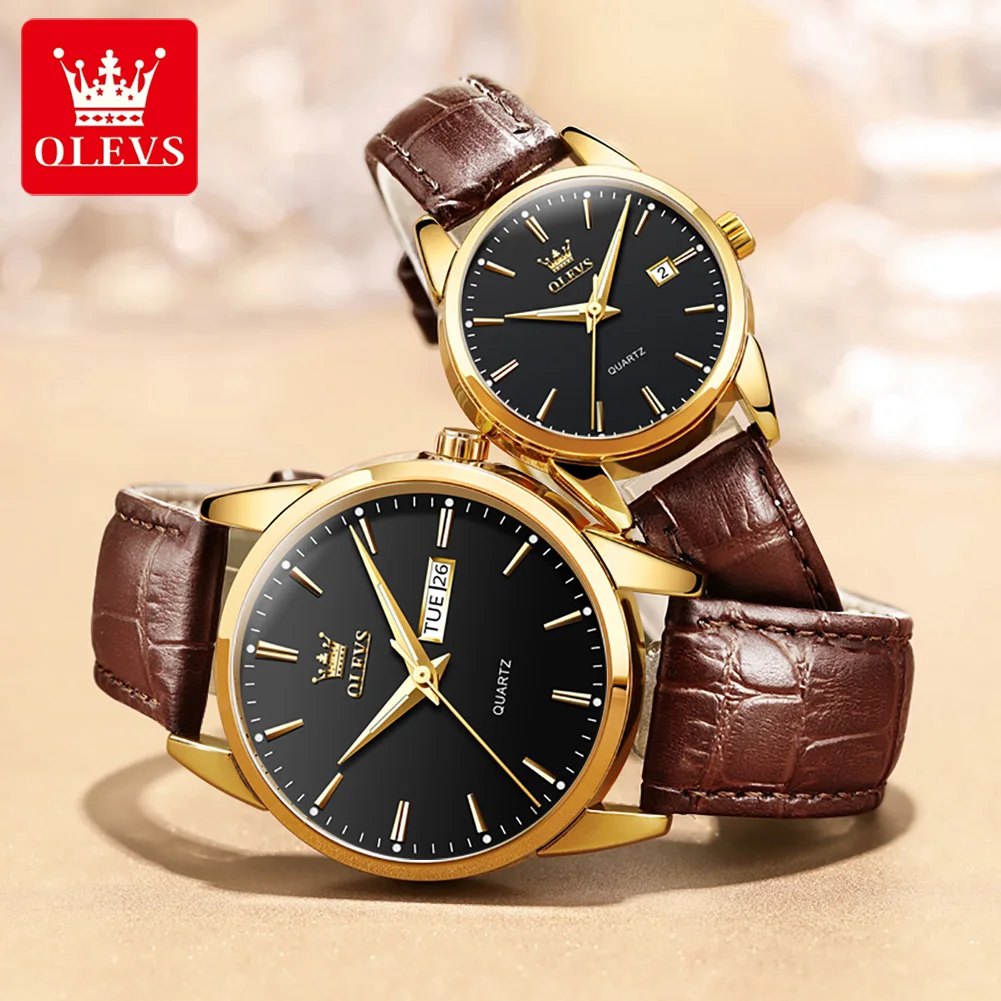 OLEVS Top Brand Couple Quartz Watches for Men Women Dress Fashion Leather Watch with Week Date Luminous Hands Lovers Wristwatch