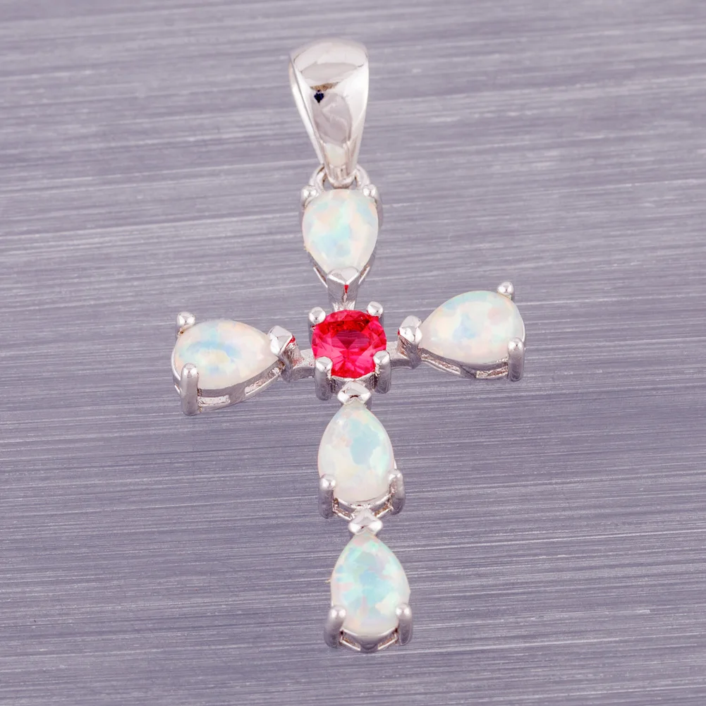 

KONGMOON крест круглый розовый красный CZ груша белый огонь опал кабошон посеребренные ювелирные изделия для женщин Подвеска для ожерелья